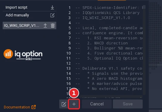 Scripts tab with the code of IQ_WIKI_SCRIP_V1.1.0 open: the plus button under the editor that adds the script to the chart (1)