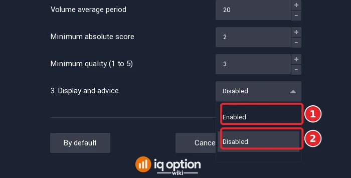 IQ_WIKI_SCRIP_V1.1.0 settings dialog with the Display and advice list open: the choices Enabled (1) and Disabled (2), the second is selected