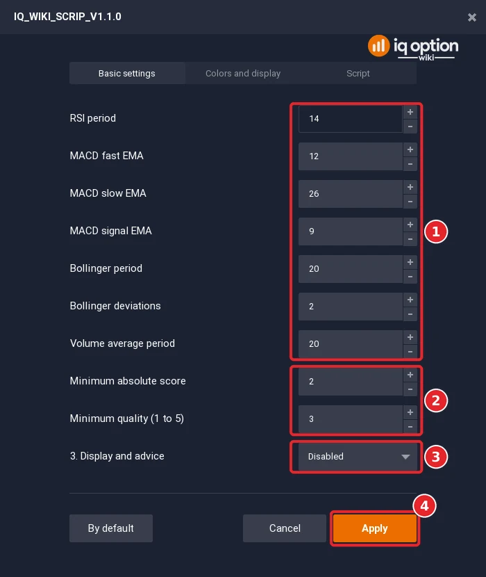 IQ_WIKI_SCRIP_V1.1.0 settings dialog on the Basic settings tab: the seven engine inputs (1), the two signal-quality inputs (2), the Display and advice list (3) and the Apply button (4)
